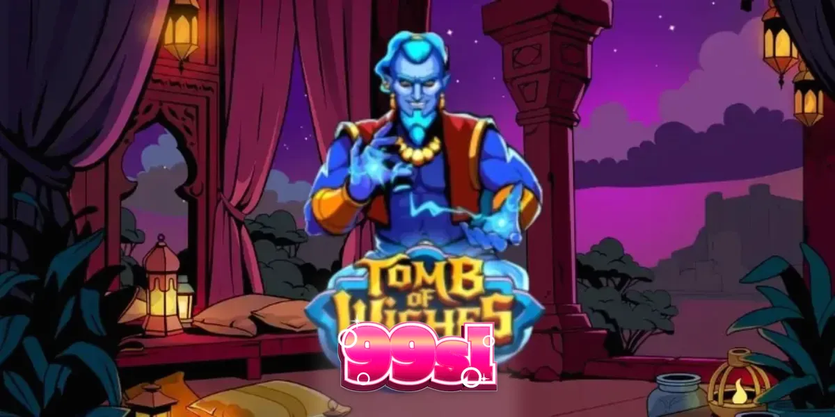 Tampilan visual slot Tomb of Wishes dengan latar belakang ruang harta karun emas dan simbol-simbol mistis.